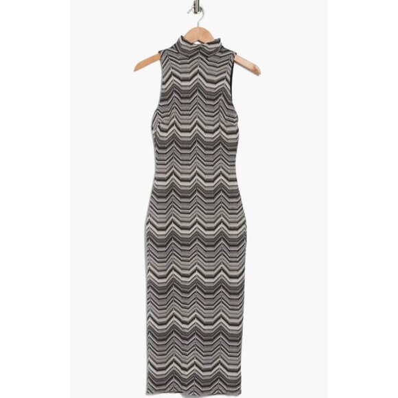 NWT Ramy Brook Peggy Mock Neck Sleeveless Tube Dress‎ Black Chevron Knit Midi, S - Picture 3 of 11